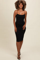 Black Rhinestone Sleeveless Ruched Mesh Maternity Midi Dress