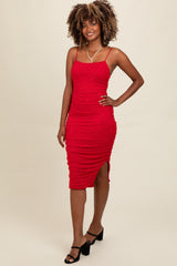 Red Rhinestone Sleeveless Ruched Mesh Midi Dress