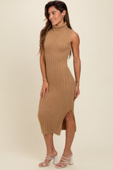 Taupe Fuzzy Knit Sleeveless Turtle Neck Maternity Midi Dress