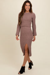 Taupe Textured Knit Long Sleeve Top and Skirt Set