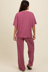 Mauve Textured Knit Oversized Tee And Pants Set