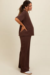 Brown Textured Knit Oversized Tee And Pants Maternity Set