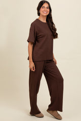 Brown Textured Knit Oversized Tee And Pants Set