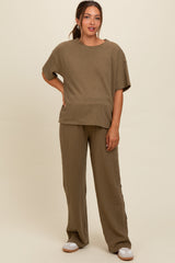 Olive Textured Knit Oversized Tee And Pants Maternity Set