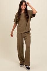 Olive Textured Knit Oversized Tee And Pants Maternity Set