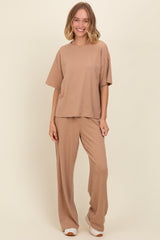 Taupe Textured Knit Oversized Tee And Pants Set