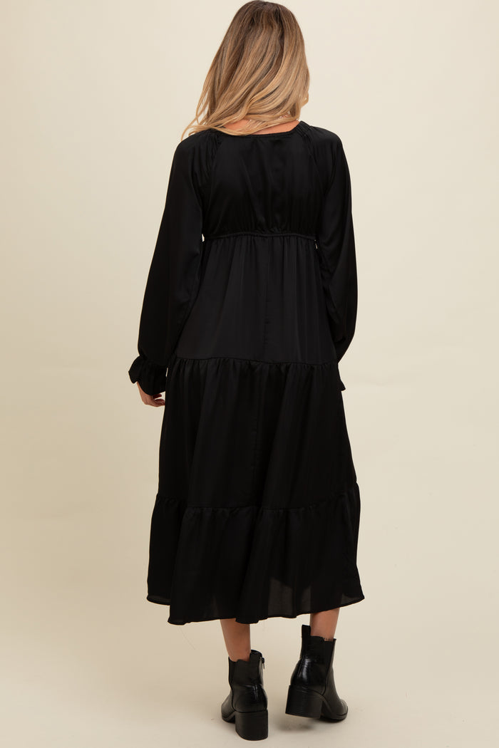 Black Satin V-Neck Tiered Maternity Maxi Dress