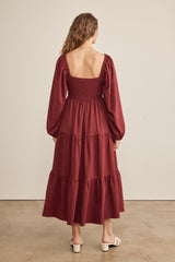 Burgundy Contrast Lace Bodice Tiered Midi Dress