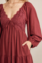 Burgundy Contrast Lace Bodice Tiered Midi Dress