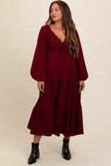 Burgundy Contrast Lace Bodice Tiered Maternity Midi Dress