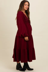 Burgundy Contrast Lace Bodice Tiered Maternity Midi Dress