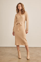 Beige Ribbed Sweater Collared Maternity Midi Dress