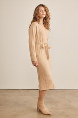 Beige Ribbed Sweater Collared Midi Dress