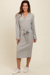 Heather Grey Ribbed Sweater Collared Maternity Midi Dress