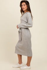 Heather Grey Ribbed Sweater Collared Midi Dress