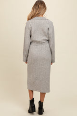 Heather Grey Ribbed Sweater Collared Maternity Midi Dress