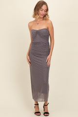 Grey Dot Print Strapless Ruched Maxi Dress