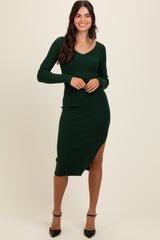 Forest Green Ribbed Knit Side Slit Midi Dress