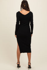 Black Ribbed Knit Side Slit Midi Dress