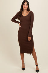 Brown Ribbed Knit Side Slit Maternity Midi Dress