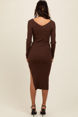 Brown Ribbed Knit Side Slit Midi Dress