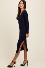 Navy Ribbed Knit Side Slit Midi Dress