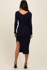 Navy Ribbed Knit Side Slit Midi Dress
