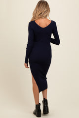 Navy Ribbed Knit Side Slit Maternity Midi Dress