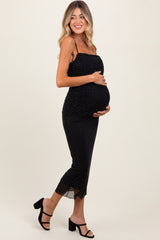 Black Dot Print Fitted Ruched Maternity Maxi Dress