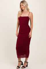 Burgundy Rhinestone Fitted Ruched Maxi Dress