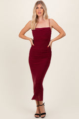 Burgundy Rhinestone Fitted Ruched Maternity Maxi Dress