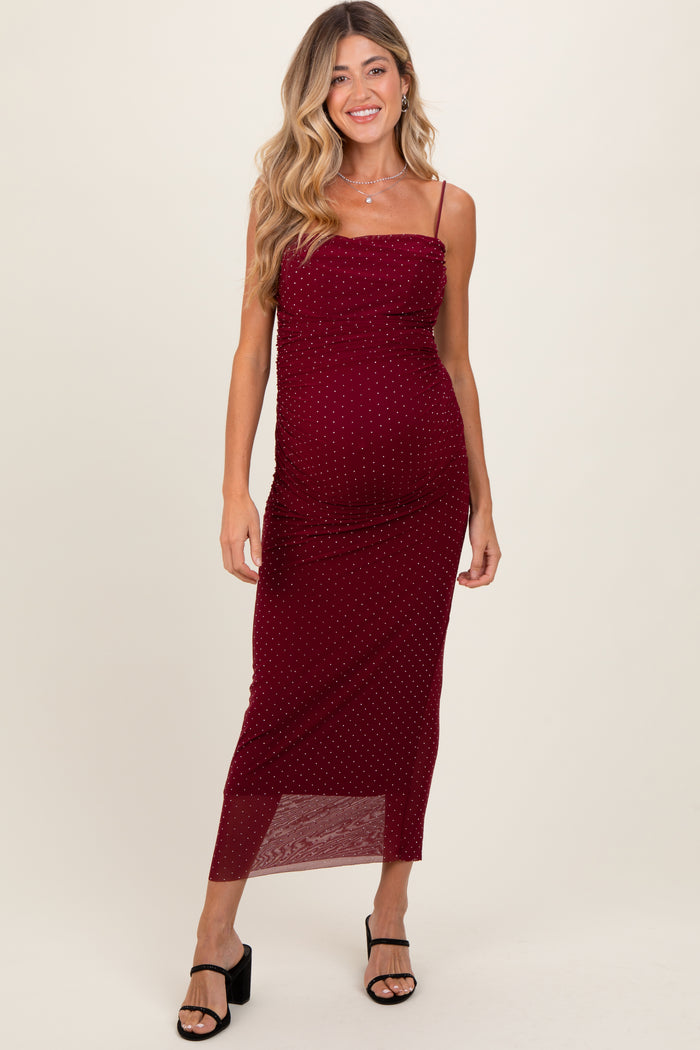 Burgundy Rhinestone Fitted Ruched Maternity Maxi Dress