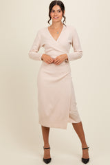 Cream Knit Crossover Ruched Midi Dress