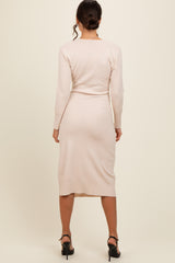 Cream Knit Crossover Ruched Midi Dress