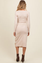 Cream Knit Crossover Ruched Maternity Midi Dress