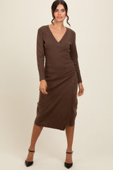 Brown Knit Crossover Ruched Midi Dress