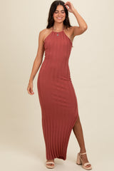 Rust Ribbed Knit Halter Neck Maternity Maxi Dress