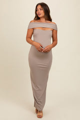 Beige Strapless Low Back Maternity Maxi Dress