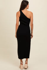 Black Knit One Shoulder Side Slit Maxi Dress