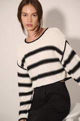 Cream Black Stripe Round Neck Expose Seam Sweater