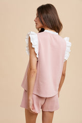 Light Pink Ruffle Sleeve Knit Top And Shorts