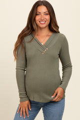 Light Olive V-Neck Long Sleeve Maternity Top