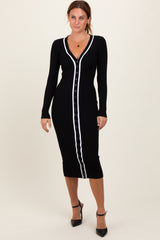 Black Knit Contrast Stripe Button Down Maternity Dress