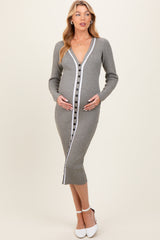 Charcoal Knit Contrast Stripe Button Down Maternity Dress