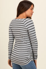 Heather Grey Striped Ruched Side Maternity Long Sleeve Top