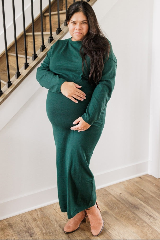 Forest Green Knit Midi Skirt Sweater Maternity Set