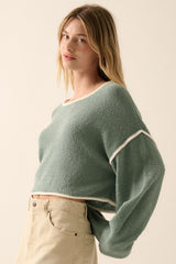 Pine Green Loose Knit Boat Neck Exposed Seam Crop Sweater