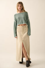 Pine Green Loose Knit Boat Neck Exposed Seam Crop Sweater