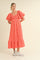 Coral Orange Textured Bubble Sleeve Midi Dress