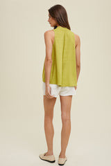 Lime Linen High-Neck Tank Top With Self Tie